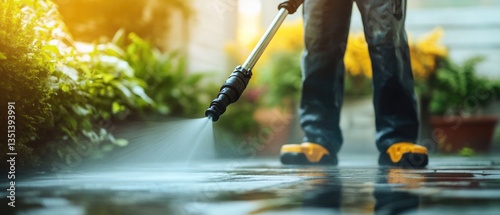 Obraz na płótnie A person cleaning a sidewalk with a pressure washer, great for outdoor or maintenance themes w salonie