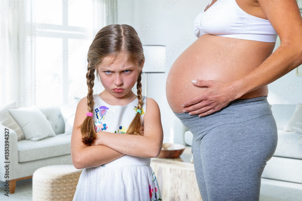 A angry girl stands next to her pregnant mother being not happy about her future sibling to be born