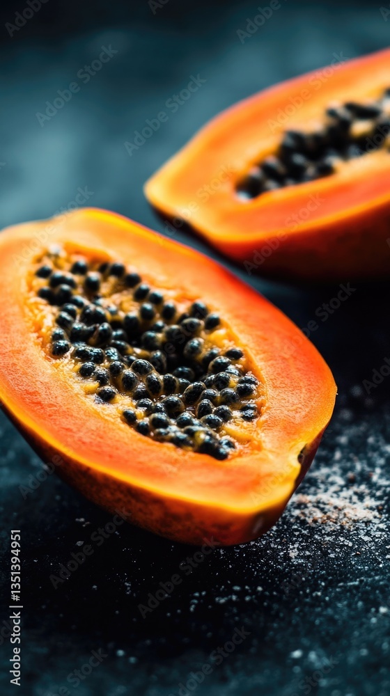Fresh papaya cut in half, placed on a table for serving or display