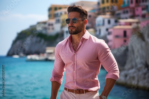 A man in a pink shirt stands on a beach with his hands on his hips