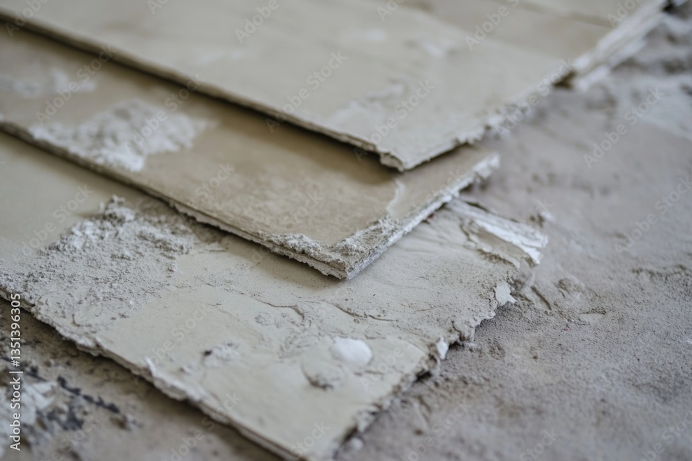 Pieces of broken cement lying on a floor surface, perfect for depicting renovation or construction scenes