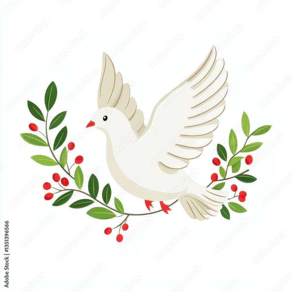 Fototapeta premium White Dove with Wings Spread Surrounded by Green Leaves and Red Berries on a Plain Background