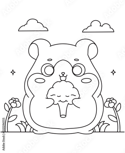 Coloring book hamster bring broccoli illustration