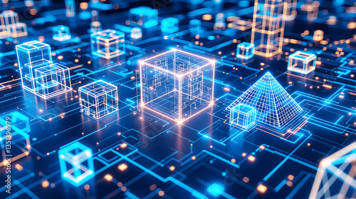 Futuristic Wireframe Background – Glowing Cyan 3D Geometry on Deep Navy. 