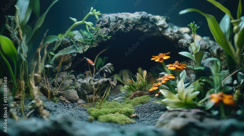 A fish tank filled with plants and rocks