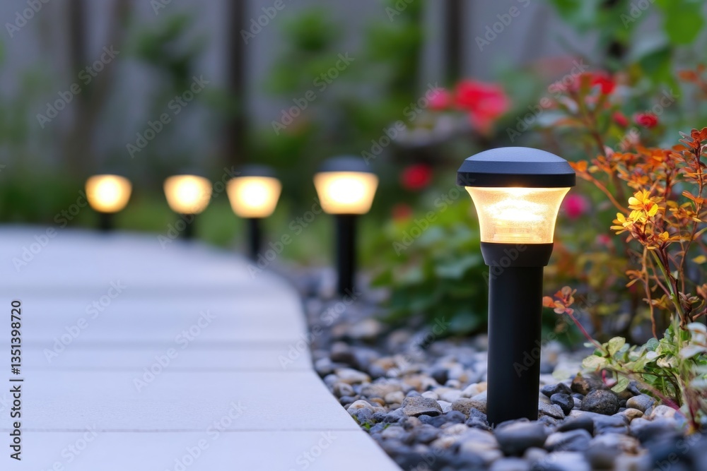 Urban infrastructure, exterior view of rowed streetlights sitting on sidewalk, suitable for cityscape or urban planning context