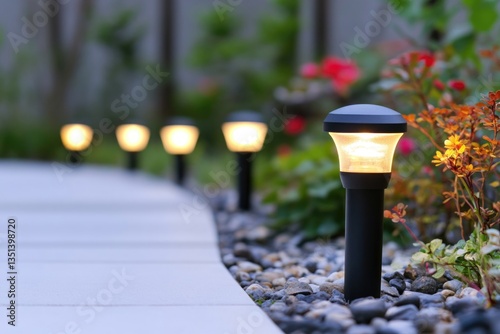 Obraz na płótnie Urban infrastructure, exterior view of rowed streetlights sitting on sidewalk, suitable for cityscape or urban planning context w salonie