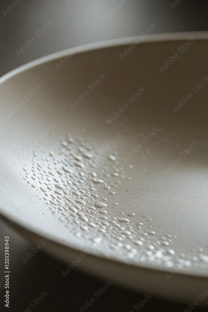A simple white plate with tiny water droplets forming a pattern