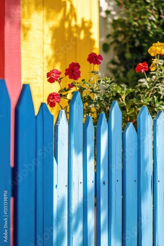 A blue fence with vibrant red and yellow flowers blooming behind it