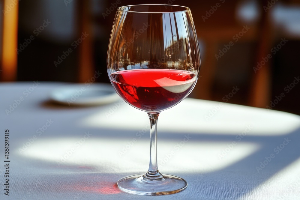 A single glass of red wine placed on a wooden table, perfect for a cozy evening or romantic dinner