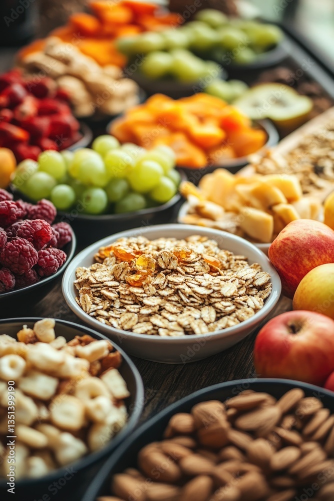 A colorful arrangement of fresh fruits and nuts in wooden bowls