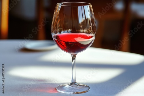 Obraz na płótnie A single glass of red wine placed on a wooden table, perfect for a cozy evening or romantic dinner w salonie