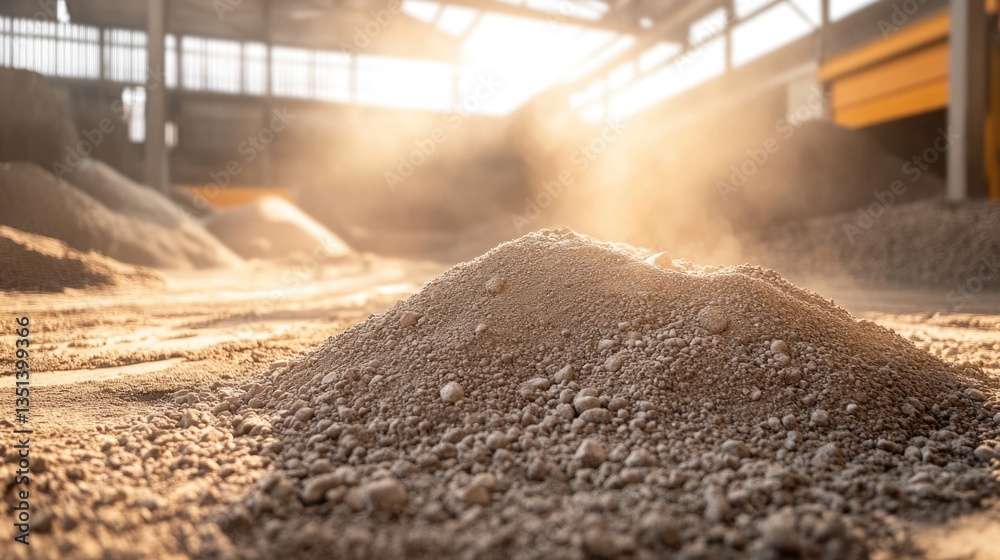 A large pile of dirt sitting on the floor of an industrial warehouse
