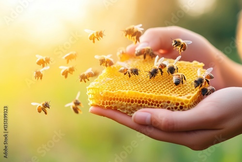 A person holds a piece of honey as bees fly around, harvesting from the hive
