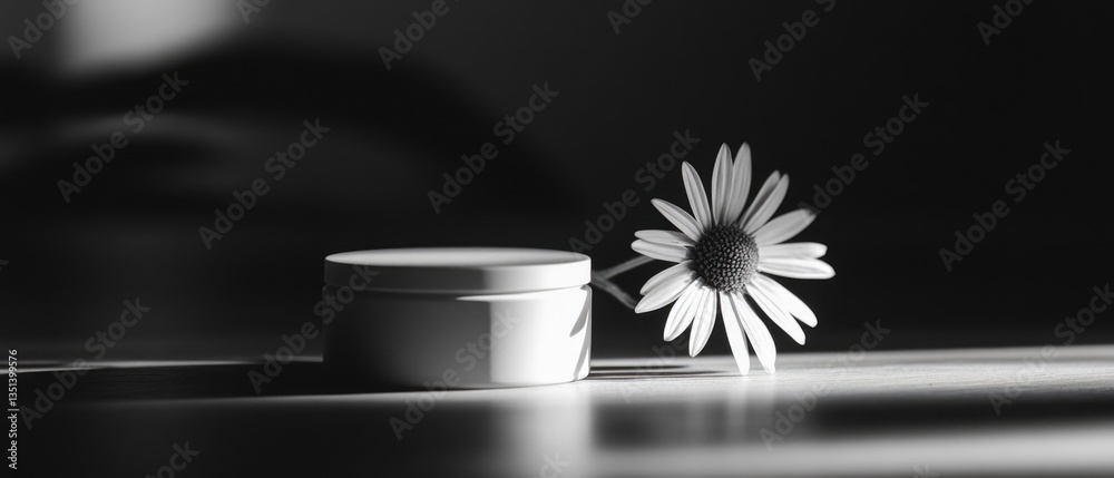 A simple still life featuring a flower next to a jar of cream
