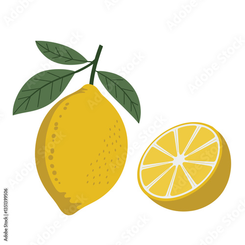 Lemon and a sliced lemon with green leaves on white background