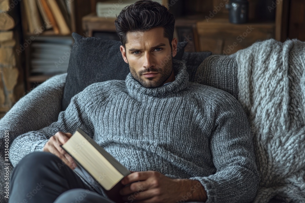 Cozy man reading a book in a warm, rustic living room setting on a winter afternoon Cozy man reading a book in a warm, rustic living room setting on a winter afternoon
