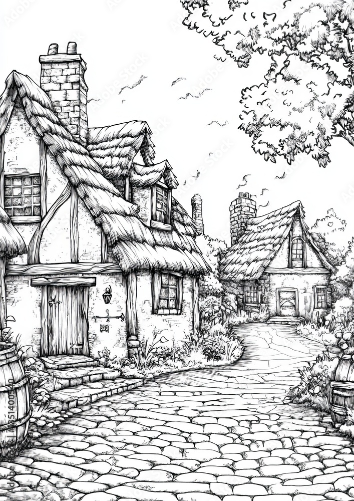 Obraz premium Fantasy Village Coloring Pages