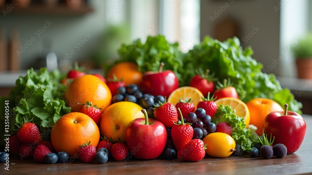 Fresh Fruits and Vegetables: Apples, Oranges, Berries, Lettuce Still Life Fresh Fruits and Vegetables: Apples, Oranges, Berries, Lettuce Still Life
