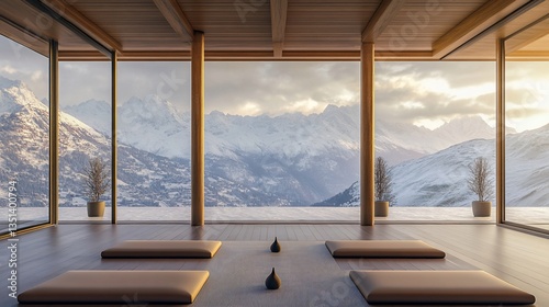 Serene yoga studio with mountain views at sunrise providing a tranquil setting for mindfulness