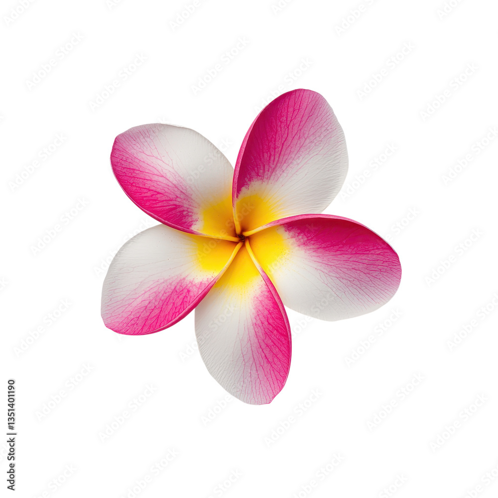 Fototapeta premium Close up of a pink, white, and yellow plumeria flower on a transparent background. Floral, tropical, and botanical themes.