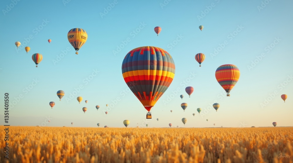 Fototapeta premium Hot air balloons taking off over a golden field, vibrant colors against a clear blue sky, festive morning lift-off.