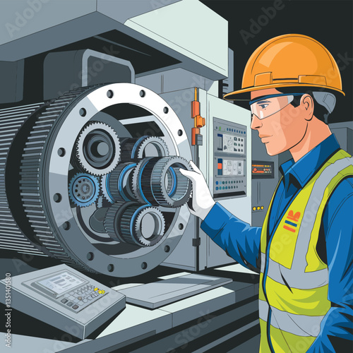 2d vector illustration colorful machine , worker and Industry and its development technology, factories and production lines icon
