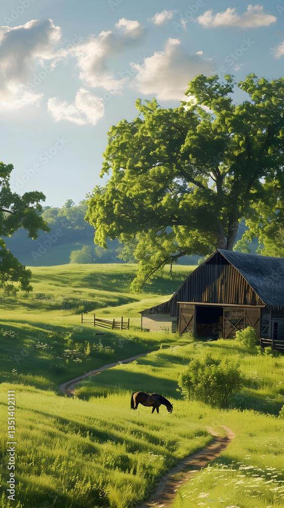 Tranquil Countryside Landscape with Rustic Barn and Grazing Horse Under Serene Blue Sky Tranquil Countryside Landscape with Rustic Barn and Grazing Horse Under Serene Blue Sky