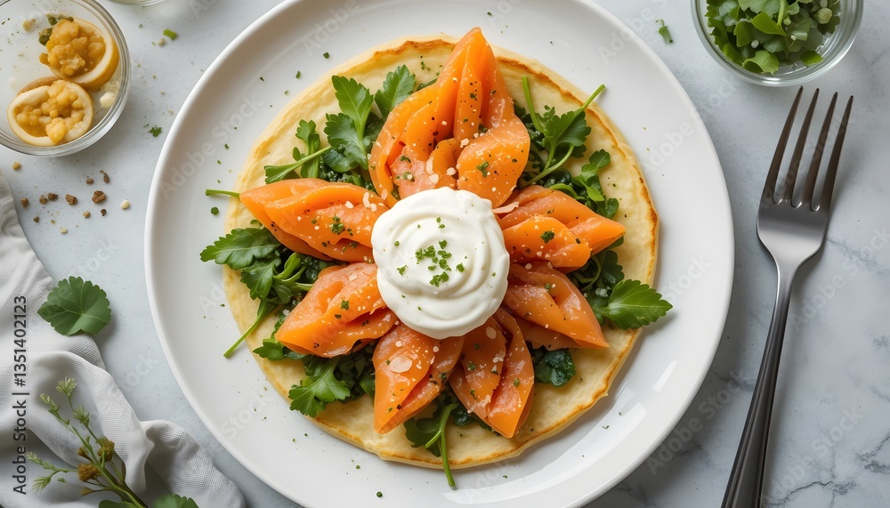 Smoked Salmon Pancake with Cream and Fresh Greens Smoked Salmon Pancake with Cream and Fresh Greens
