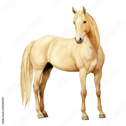 A watercolor realistic, clean, and simple clipart of a beige horse on a white background