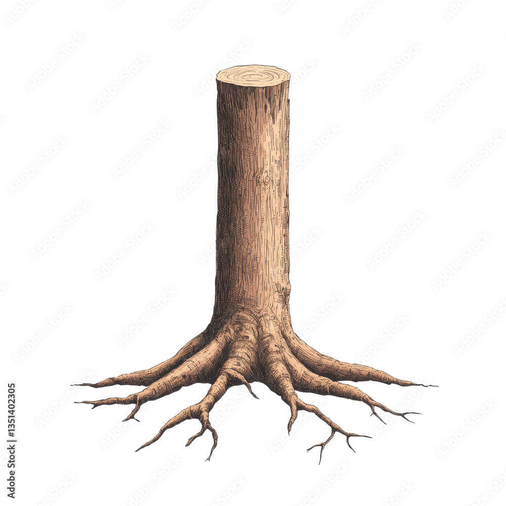Fototapeta premium Illustration of a tree stump with roots on a transparent background. Concept of nature, deforestation, and environment.