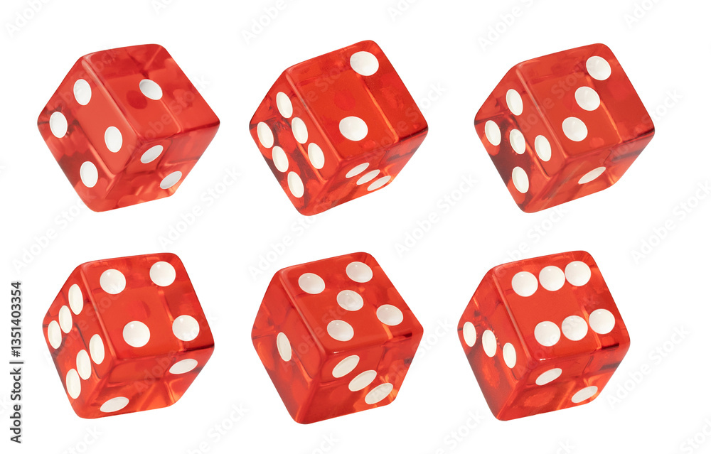 Top view Six clean red dices with Numbers 1, 2, 3, 4, 5, 6, isolated on background. Top view Six clean red dices with Numbers 1, 2, 3, 4, 5, 6, isolated on background.