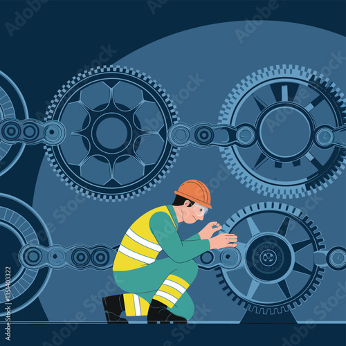 2d vector illustration colorful machine , worker and Industry and its development technology, factories and production lines icon
