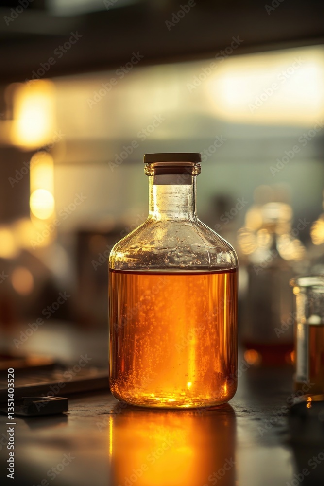 A close-up shot of a bottle filled with liquid sitting on a table, great for still life or scientific illustrations A close-up shot of a bottle filled with liquid sitting on a table, great for still life or scientific illustrations