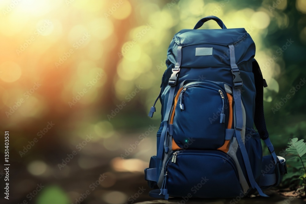 A blue backpack sits atop a rock in a wooded area, possibly left behind or abandoned