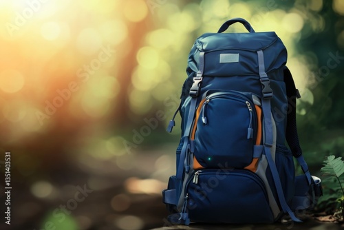 Obraz na płótnie A blue backpack sits atop a rock in a wooded area, possibly left behind or abandoned w salonie