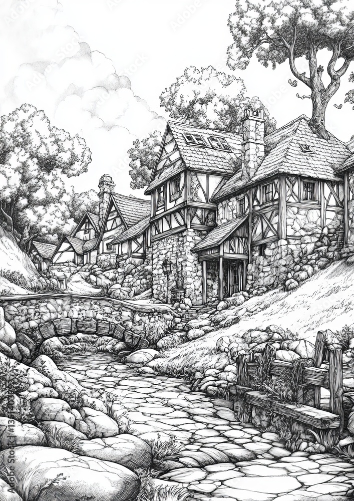 Fototapeta premium Fantasy Village Coloring Pages