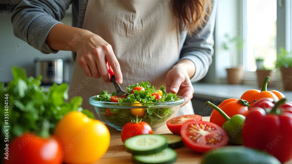 Woman preparing a fresh salad with kale, tomatoes, cucumbers, and bell peppers at kitchen counter. Woman preparing a fresh salad with kale, tomatoes, cucumbers, and bell peppers at kitchen counter.