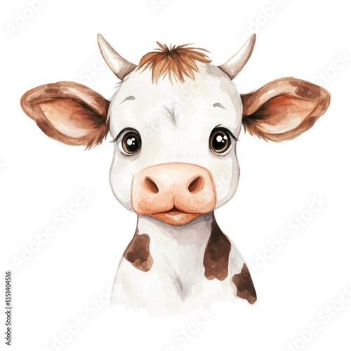 Watercolor cute and friendly cow clipart, on a white background