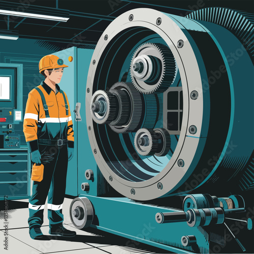 2d vector illustration colorful machine , worker and Industry and its development technology, factories and production lines icon
