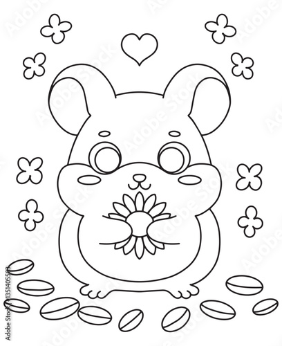 coloring book cute hamster bring a flower