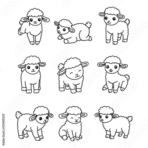 Sheep Cartoon Sketch Set, Sheep Outline Simple Line Drawings in Different Poses, Hand Drawn Vector Animals and Wild Animals, and Sheep Outline Coloring Pages for Kindergarten Book.