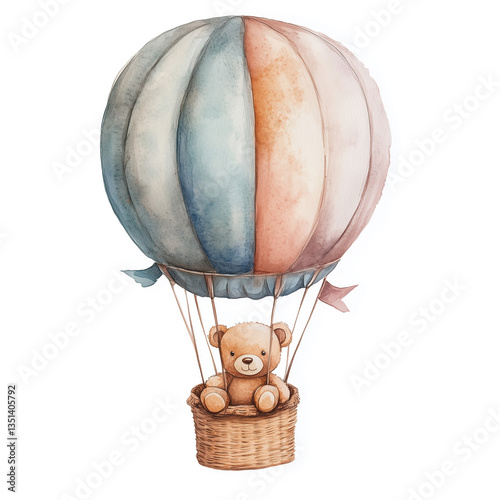 Cute baby bear in a hot air balloon. Teddy bear watercolor illustration. Birthday, baby shower, children's party. Design element for cards, posters, banners, logo, invitations, packaging.