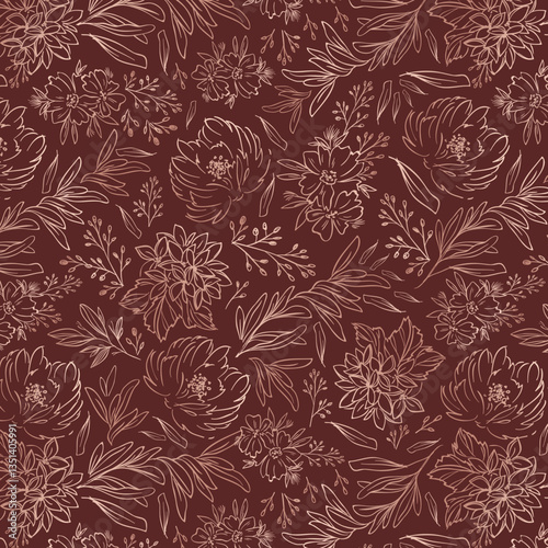 Summer handmade floral background. Botanical background from abstract flowers. Sketchy drawing of white outlines and yellow-brown strokes, blue background. wallpaper, bedspreads, bed linen, textiles