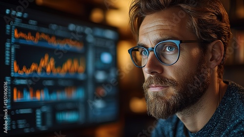 A professional analyzing video ad performance with colorful charts on a large screen