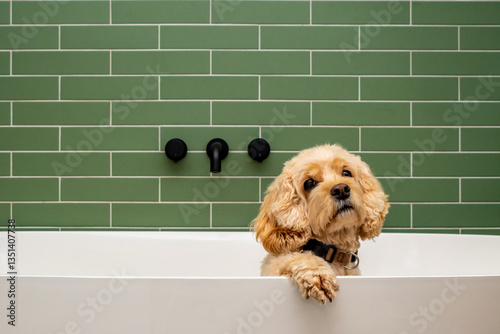 Cocker poo taking a bath in a stylish green tiled bathroom. 