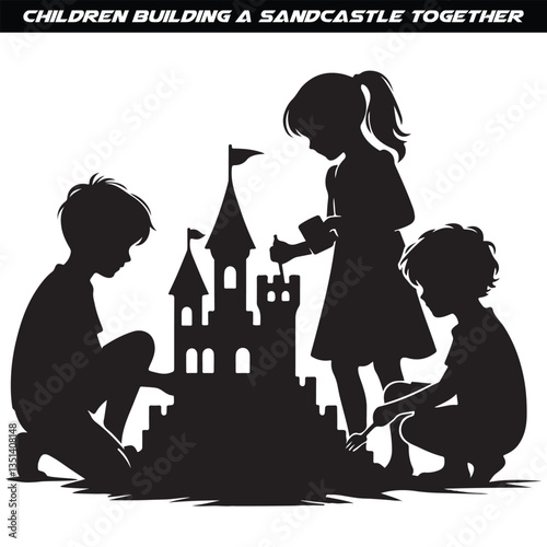 Children building a sandcastle together silhouette