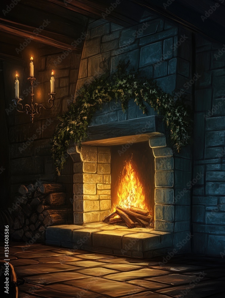 A warm and inviting fireplace with crackling flames, ideal for interior design or winter themed projects A warm and inviting fireplace with crackling flames, ideal for interior design or winter themed projects