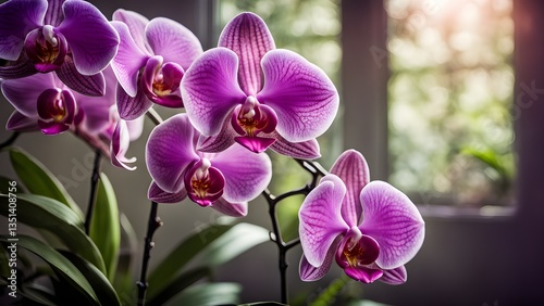 Close-up vibrant purple orchids bloom, illuminated soft sunlight near a window.