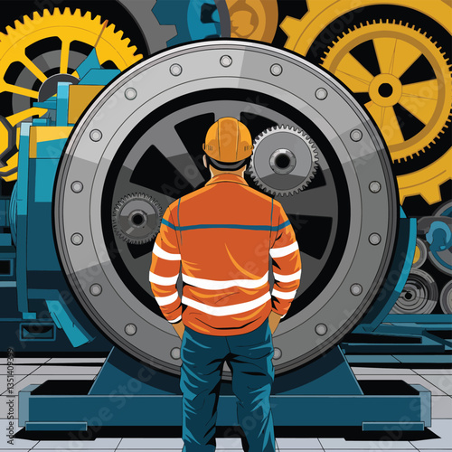 2d vector illustration colorful machine , worker and Industry and its development technology, factories and production lines icon
